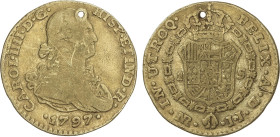 Spanish Monarchy
1 Escudo. 1797. NUEVO REINO. J.J. 3,29 grs. (Perforación y rayitas). AC-1205. MBC-/MBC.