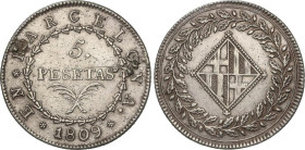 Spanish Monarchy
5 Pesetas. 1809. BARCELONA. 26,78 grs. (Restos de soldadura en anverso). AC-45. MBC/MBC+.