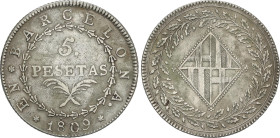 Spanish Monarchy
5 Pesetas. 1809. BARCELONA. 26,84 grs. Pequeñas oxidaciones limpiadas). AC-45. MBC.