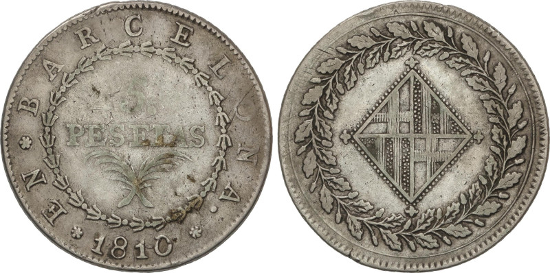 Spanish Monarchy
5 Pesetas. 1810. BARCELONA. 26,57 grs. AC-46. MBC-.