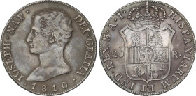 Spanish Monarchy
20 Reales. 1810. MADRID. A.I. 26,86 grs. Águila grande. Pátina. AC-37. MBC+.