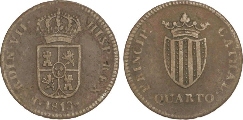 Spanish Monarchy
Cuarto. 1813. CATALUNYA. 3,12 grs. AE. Valor sin orla. RARA. A...