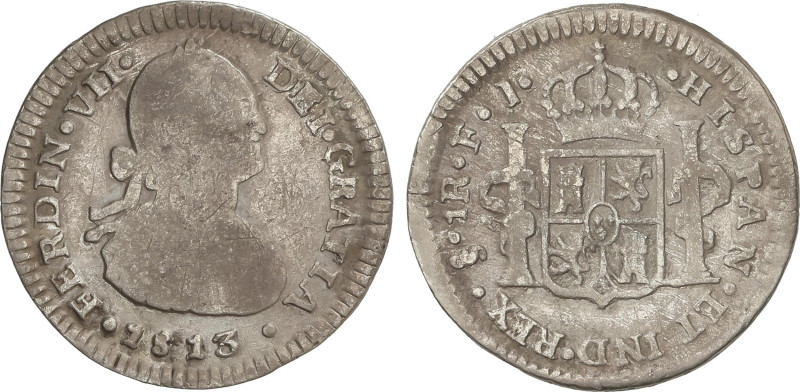 Spanish Monarchy
1 Real. 1813. SANTIAGO. F.J. 3,19 grs. ESCASA. AC-673. BC+.