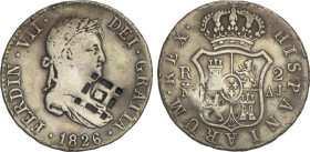 Spanish Monarchy
2 Reales. 1826. MADRID. A.J. 5,69 grs. Resello Islas Vique (Cuba). AC-842, KM-5 de Cuba. MBC.