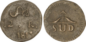 Spanish Monarchy
2 Reales. 1813. MORELOS. 6,74 grs. AE. Cuño sin puntos acotando SUD. AC-885. MBC.
