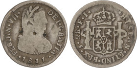 Spanish Monarchy
2 Reales. 1811. SANTIAGO. F.J. 6,35 grs. Busto Almirante. (Golpes). MUY ESCASA. AC-941. BC+.