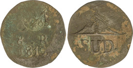 Spanish Monarchy
8 Reales. 1812. MORELOS. 24,18 grs. AE. Sin adornos, resello Mo entre estrellas: DeMey-754. AC-1342. MBC.