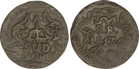 Spanish Monarchy
8 Reales. 1813. MORELOS. Anv.: Con adornos. 31,32 grs. AE. AC-1343. MBC+.
