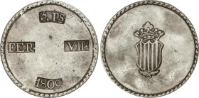 Spanish Monarchy
5 Pesetas. 1809. TARRAGONA. 26,43 grs. AC-1429. MBC+.