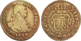 Spanish Monarchy
1 Escudo. 1814. NUEVO REINO. J.F. Anv.: Busto de Carlos IV. 3,2 grs. AC-1552. MBC-.