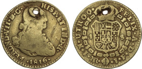Spanish Monarchy
1 Escudo. 1816. NUEVO REINO. J.F. 3,21 grs. Busto de Carlos IV. (Perforación, rayitas). AC-1554. MBC-.