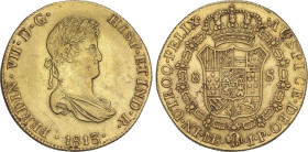 Spanish Monarchy
8 Escudos. 1813. LIMA. J.P. 26,86 grs. (Pequeños golpecitos y rayitas. Hojita en reverso). ESCASA. AC-1760; XC-1218. MBC+.
