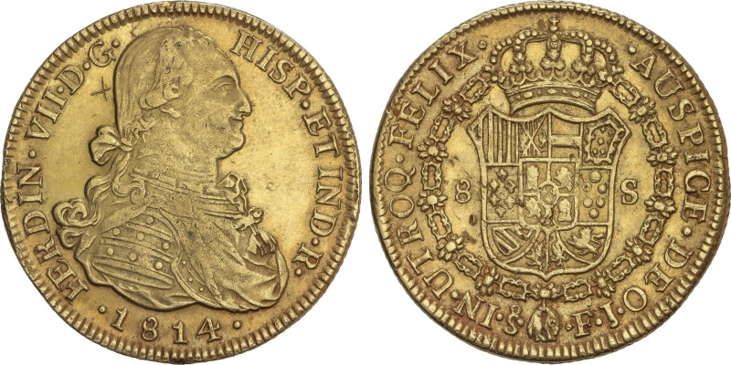 Spanish Monarchy
8 Escudos. 1814. SANTIAGO. F.J. 27,04 grs. Busto de Carlos IV....