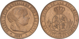 Spanish Monarchy
2 1/2 Céntimos de Escudo. 1867. SEGOVIA. O.M. 6,26 grs. Brillo original. AC-240. SC-.