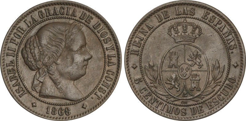 Spanish Monarchy
5 Céntimos de Escudo. 1868. JUBIA. O.M. 12,74 grs. AC-249. MBC...