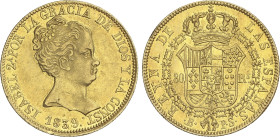 Spanish Monarchy
80 Reales. 1839. BARCELONA. P.S. 6,67 grs. Restos de brillo original. (Golpecito en gráfila). AC-704. EBC-.