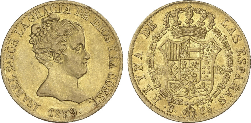 Spanish Monarchy
80 Reales. 1839. BARCELONA. P.S. 6,74 grs. Restos de brillo or...
