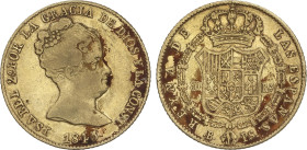 Spanish Monarchy
80 Reales. 1845. BARCELONA. P.S. 6,67 grs. Sobrante de metal en fecha. (Concreciones). AC-713. MBC.