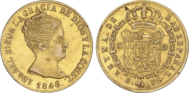 Spanish Monarchy
80 Reales. 1846. BARCELONA. P.S. 6,73 grs. FALSA DE ÉPOCA en p...