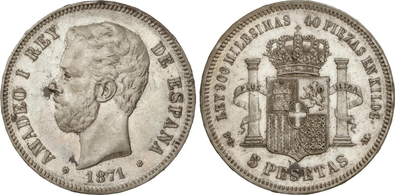 Peseta Period
5 Pesetas. 1871 (*18-74). D.E.-M. (Manchitas). EBC-.