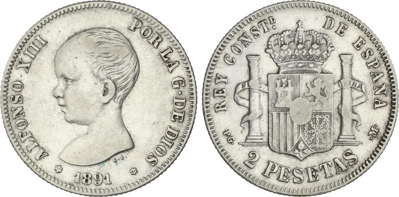 Peseta Period
2 Pesetas. 1891 (*18-91). P.G.-M. 9 de la segunda estrella algo r...