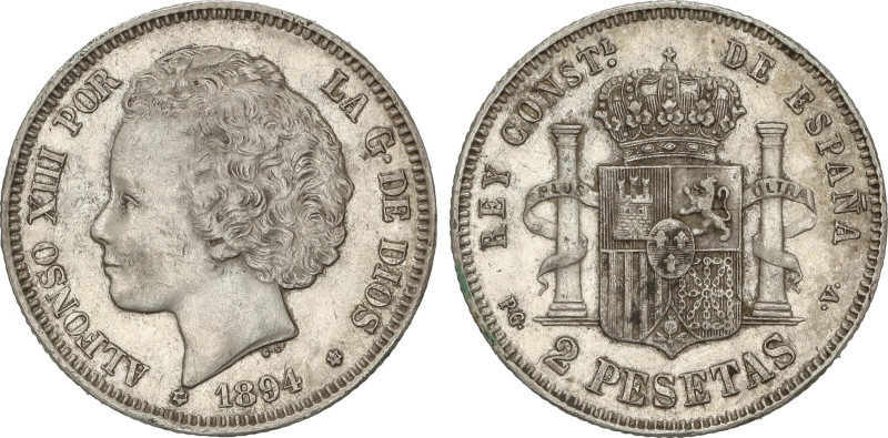 Peseta Period
2 Pesetas. 1894 (*18-94). P.G.-V. Estrellas realzadas. EBC-/MBC+.