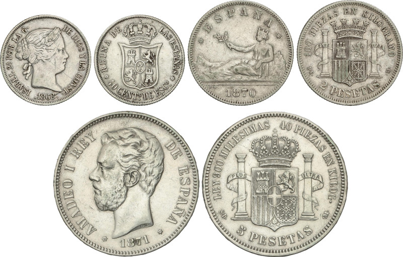 Peseta Period
Lote 3 monedas 40 Céntimos de Escudo, 2 y 5 Pesetas. 1868, 1870 y...