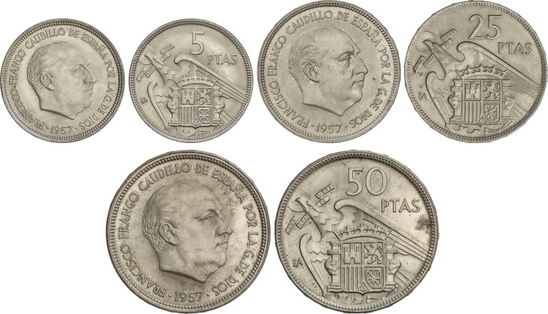 Peseta Period
Serie 3 monedas 5, 25 y 50 Pesetas. 1957 (*BA). I Exposición Iber...