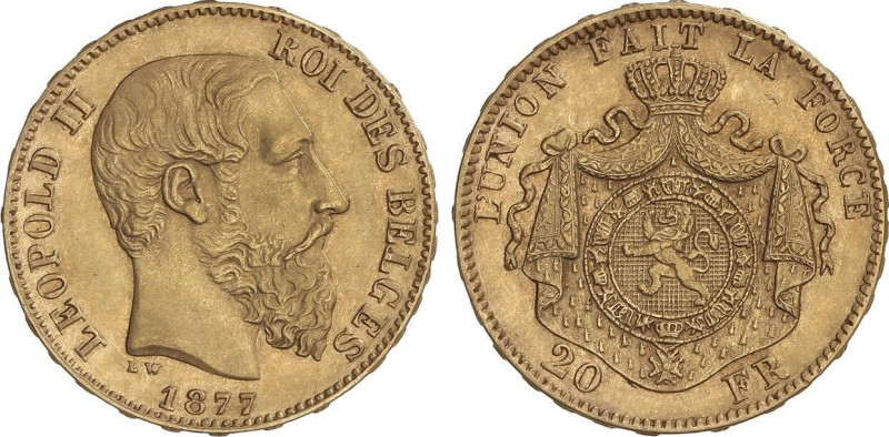 World Coins
20 Francs. 1877. LEOPOLDO II. 6,43 grs. AU. Fr-412; KM-37. EBC.