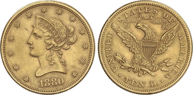 World Coins
10 Dollars. 1880-S. SAN FRANCISCO. 16,68 grs. AU. Coronet Head. Ray...