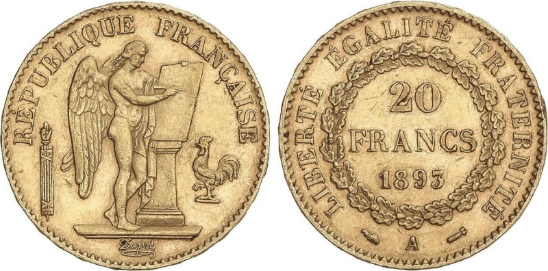 World Coins
20 Francs. 1893-A. PARIS. 6,42 grs. AU. Ángel. (Golpecitos). Fr-592...