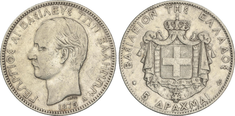 World Coins
5 Drachmai. 1875-A. GEORGE I. PARIS. 24,83 grs. AR. (Golpecitos y r...