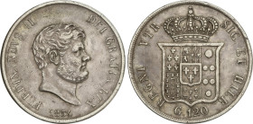 World Coins
120 Grana. 1854. FERNANDO II. NAPOLES y SICILIA. 27,33 grs. AR. (Leves rayitas). KM-370. MBC+.
