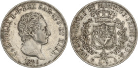World Coins
5 Lire. 1829-P. CARLO FELICE. SARDINIA. 24,8 grs. AR. (Pequeños golpecitos). KM-116.2. MBC+.