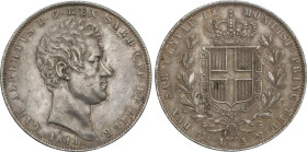 World Coins
5 Lire. 1844-P. CARLO ALBERTO. SARDINIA. 24,98 grs. AR. Pátina. (Leves rayitas). KM-130.2. MBC+.