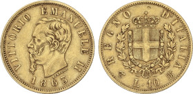 World Coins
10 Lire. 1863. VITTORIO EMANUELE II. TURÍN. BN. 3,2 grs. AU. Fr-15, KM-9.2. MBC.