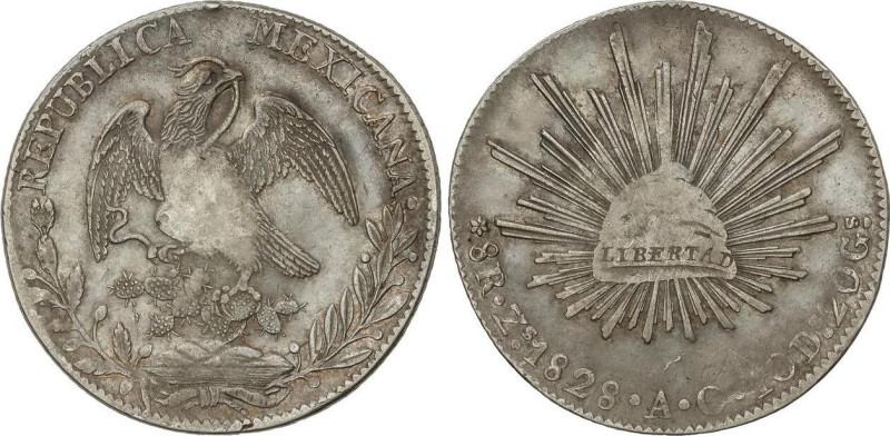 World Coins
8 Reales. 1828. ZACATECAS. A.O. 26,94 grs. AR. Reverso coincidente....