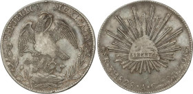 World Coins
8 Reales. 1828. ZACATECAS. A.O. 26,94 grs. AR. Reverso coincidente. KM-377.13. MBC.