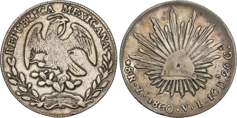 World Coins
8 Reales. 1860. ZACATECAS. V.L. 26,79 grs. AR. (Pequeños resellos)....