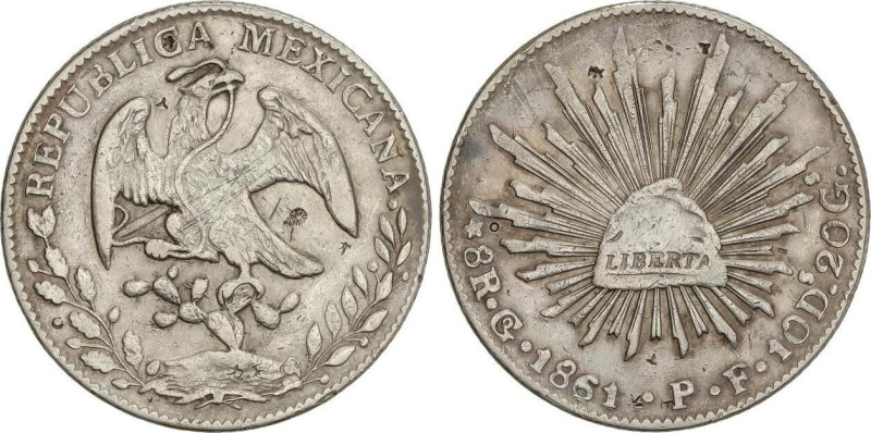 World Coins
8 Reales. 1861/51. GUANAJUATO. P.F. 27,12 grs. AR. Correción de fec...