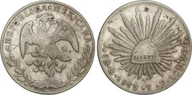 World Coins
8 Reales. 1863/53. GUANAJUATO. Y.F. 26,65 grs. AR. Pequeñas contramarcas y rayitas en anverso. KM-377.8. MBC.