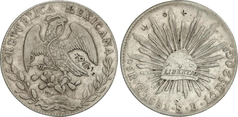 World Coins
8 Reales. 1881/71. GUANAJUATO. S.B. 26,79 grs. AR. Pequeños resello...