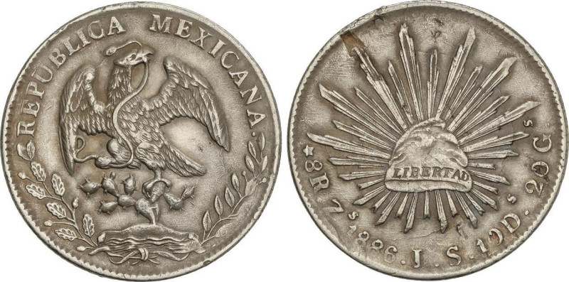 World Coins
8 Reales. 1886. ZACATECAS. J.S. 26,89 grs. AR. (Hoja). KM-377.13. M...