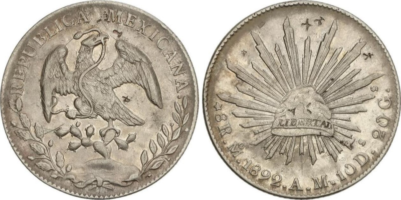 World Coins
8 Reales. 1892. MÉXICO. A.M. 26,98 grs. AR. Pequeños resellos. (Ray...