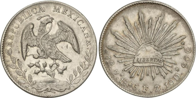 World Coins
8 Reales. 1895. ZACATECAS. F.Z. 26,84 grs. AR. KM-377.13. EBC-.