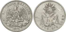 World Coins
1 peso. 1871. MÉXICO. M. 26,42 grs. AR. Tipo Balanzas. (Algo limpiada). KM-408.5. MBC+.