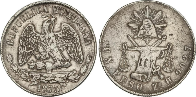 World Coins
1 Peso. 1873/2. ZACATECAS. H. 26,94 grs. AR. Tipo Balanzas. KM-408....