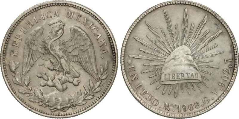 World Coins
1 Peso. 1908. MÉXICO. G.V. 26,87 grs. AR. (Limpiada). KM-409.2. EBC...