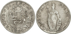 World Coins
8 Reales. 1834. LIMA. M.M. 27,26 grs. AR. (Rayas de limpieza). KM-142.3. MBC.