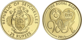 World Coins
25 Rupees. 2013. 0,50 grs. AU. The Royal Baby. Príncipe George. En estuche original con certificado de autenticidad. KM-134. PROOF.
